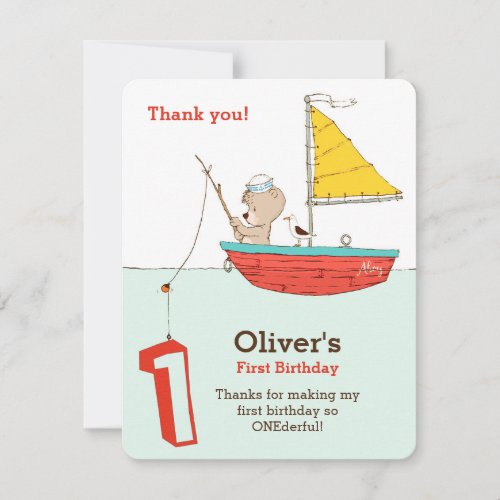 Nautical little sailor bear first birthday thank you card