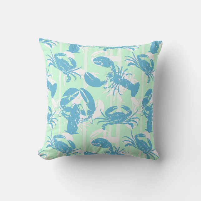 Nautical Lobster and Crab Striped Pattern Throw Pillow (Front)