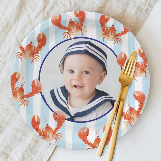 Nautical Lobster Kids Birthday Photo Paper Plates (Creator Uploaded)