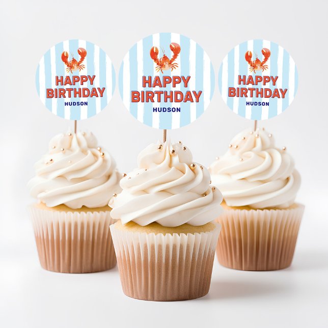 Nautical Lobster Kids Happy Birthday Classic Round Sticker (Creator Uploaded)