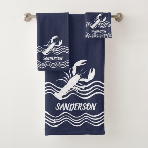 Nautical Lobster Navy Blue white Bath Monogram Bath Towel Set