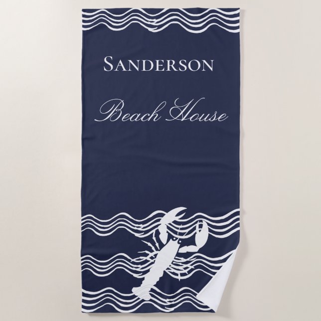 Nautical Lobster Navy Blue white  Beach Towel (Front)