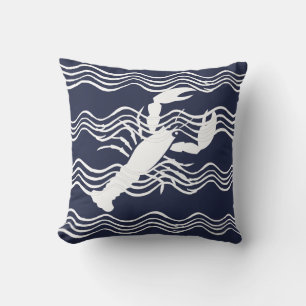 Nautical Lobster Navy Blue White Wave Stripes Throw Pillow