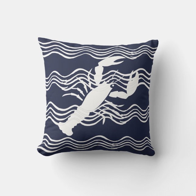 Nautical Lobster Navy Blue White Wave Stripes Throw Pillow (Front)
