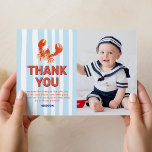 Nautical Lobster Photo Kids Birthday Thank You Card<br><div class="desc">Dive into the world of enchanting thank you cards that will have your party guests hooked! Our adorable cards feature a captivating lobster design, a chic striped nautical background, and the most crucial ingredient - a photo of your child! Add the final touch with a personal message and drift into...</div>