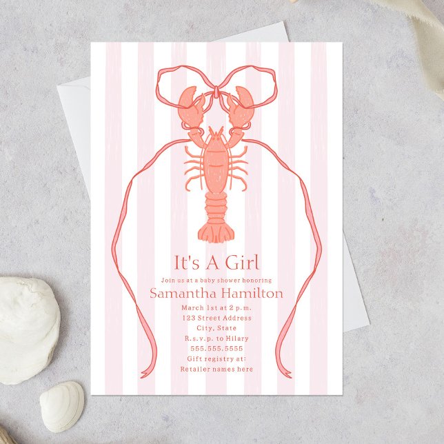 Nautical Lobster Pink Bow It's A Girl Baby Shower Invitation (Creator Uploaded)