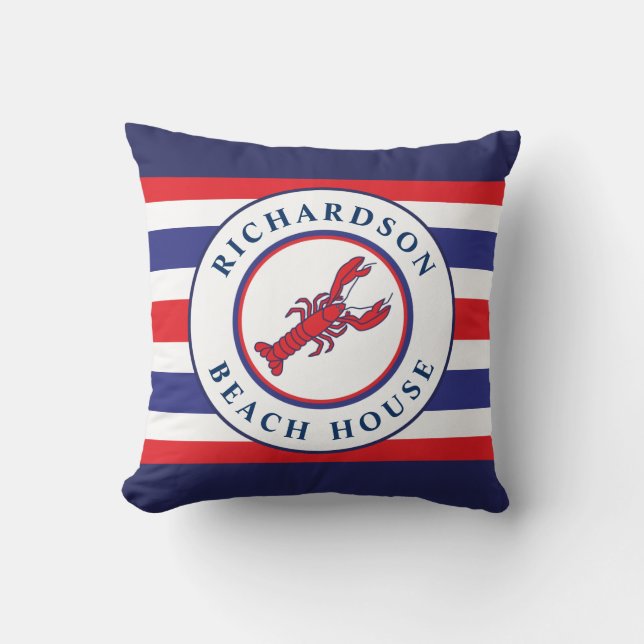 Nautical Lobster Red Dark Blue Stripes Family Name Throw Pillow (Front)