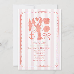 Nautical Lobster Shells Pink Bow Girl Baby Shower Invitation