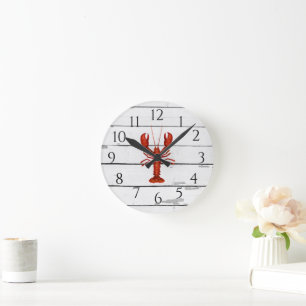 Nautical Lobster Shiplap Rustic Decor Round Clock