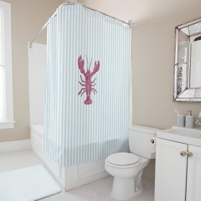 Nautical Lobster Stripe Pattern Coastal  Shower Curtain (In Situ)