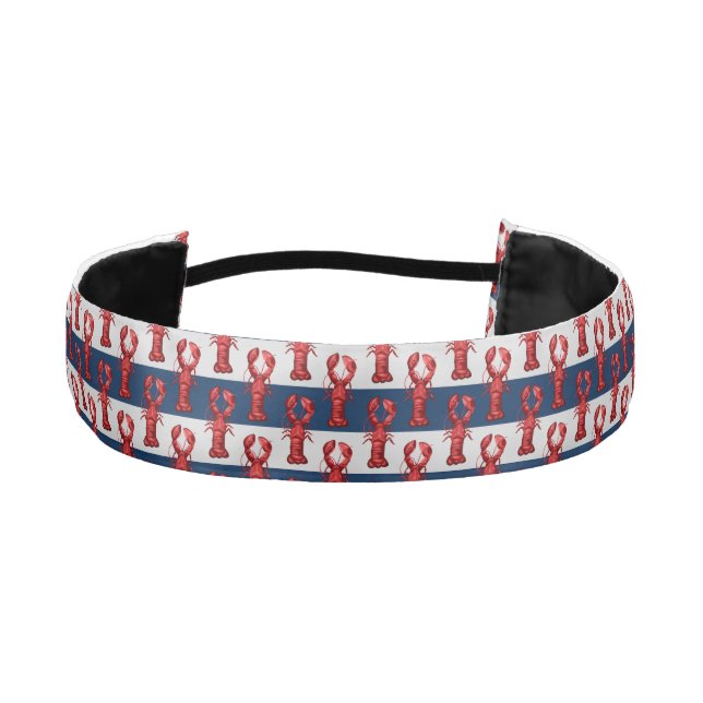 Nautical Lobsters on Navy Blue and Gray Stripes Athletic Headband (Front)