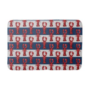 Nautical Lobsters on Navy Blue and Gray Stripes Bath Mat