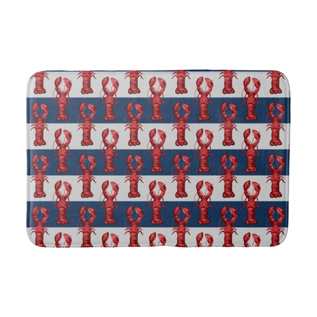 Nautical Lobsters on Navy Blue and Gray Stripes Bath Mat (Front)