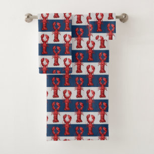 Nautical Lobsters on Navy Blue and Gray Stripes Bath Towel Set