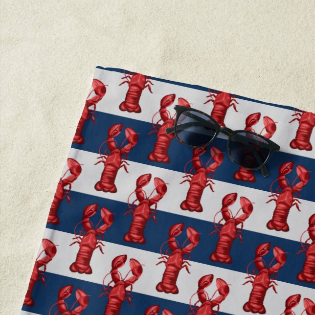 Nautical Lobsters on Navy Blue and Gray Stripes Beach Towel (In Situ)