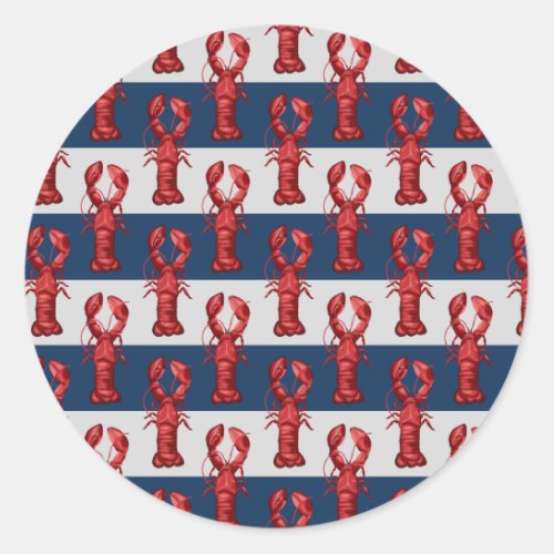 Nautical Lobsters on Navy Blue and Gray Stripes Classic Round Sticker