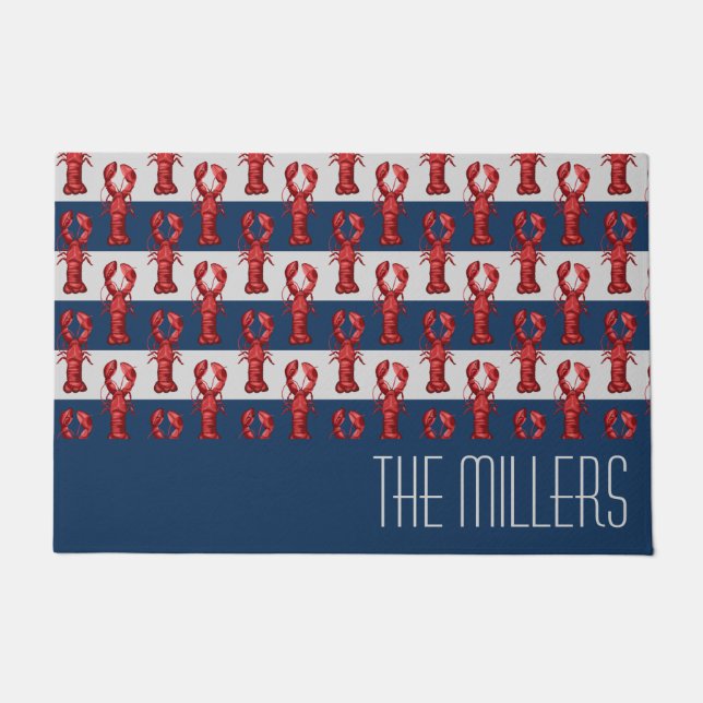 Nautical Lobsters on Navy Blue and Gray Stripes Doormat (Front)