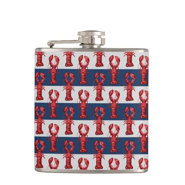 Nautical Lobsters on Navy Blue and Gray Stripes Flask (Front)