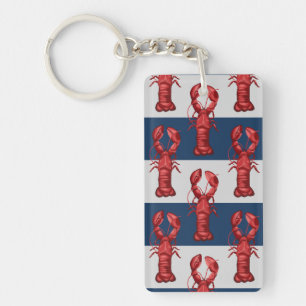 Nautical Lobsters on Navy Blue and Gray Stripes Keychain