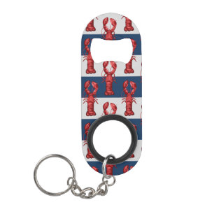 Nautical Lobsters on Navy Blue and Gray Stripes Keychain Bottle Opener