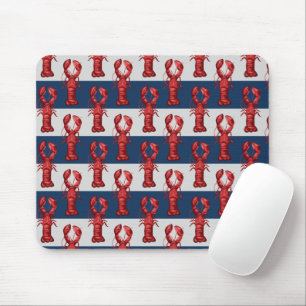 Nautical Lobsters on Navy Blue and Gray Stripes Mouse Pad