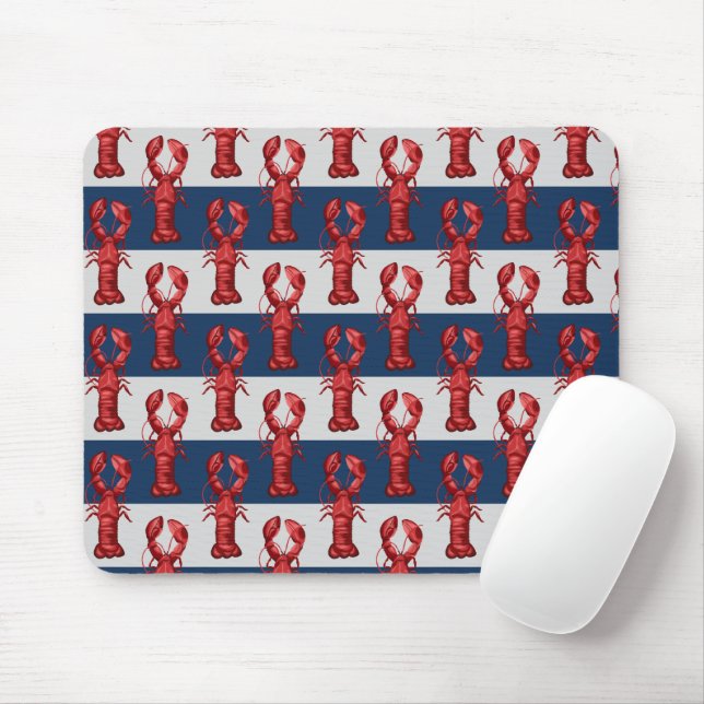 Nautical Lobsters on Navy Blue and Gray Stripes Mouse Pad (With Mouse)
