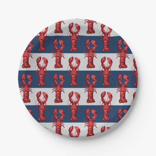 Nautical Lobsters on Navy Blue and Gray Stripes Paper Plates (Front)