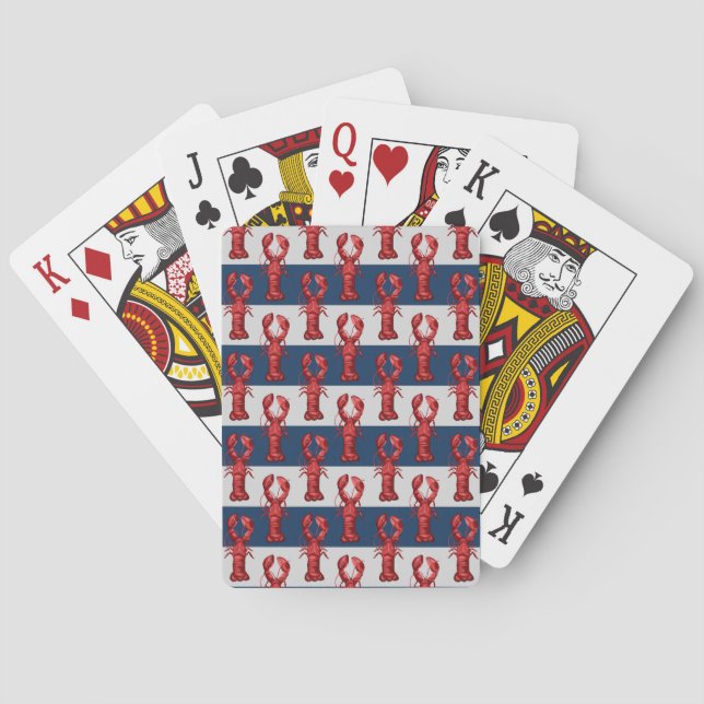 Nautical Lobsters on Navy Blue and Gray Stripes Poker Cards (Back)