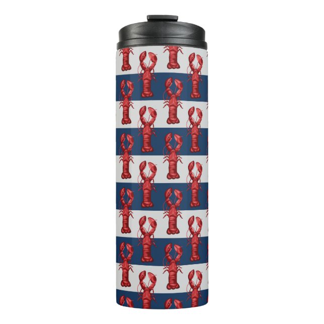 Nautical Lobsters on Navy Blue and Gray Stripes Thermal Tumbler (Front)