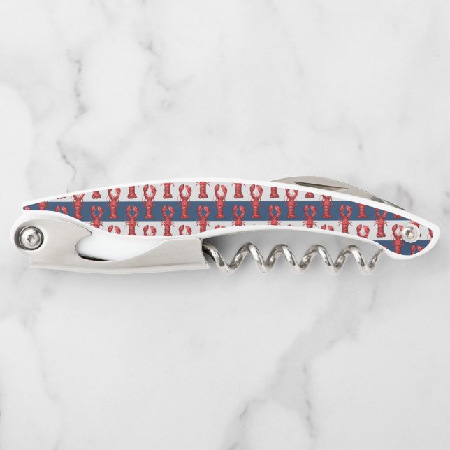 Nautical Lobsters on Navy Blue and Gray Stripes Waiter's Corkscrew (Front)