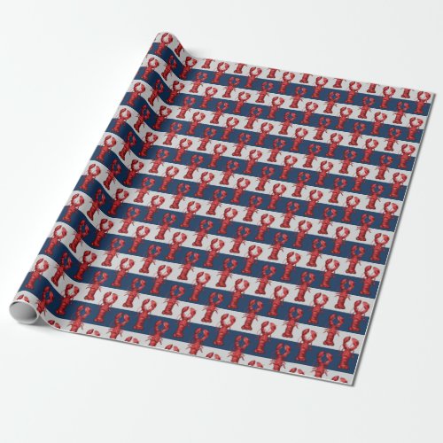 Nautical Lobsters on Navy Blue and Gray Stripes Wrapping Paper