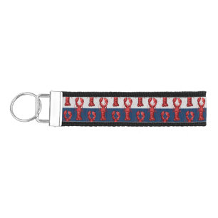 Nautical Lobsters on Navy Blue and Gray Stripes Wrist Keychain
