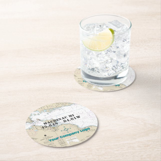 Nautical Logo Latitude Longitude Mackinac Island Round Paper Coaster (Insitu)