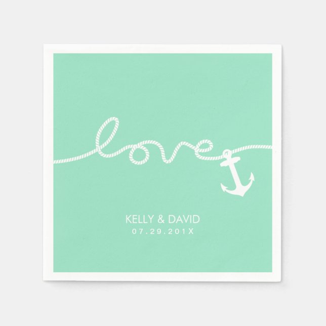 Nautical Love Anchor Seafoam Green Wedding Napkins (Front)