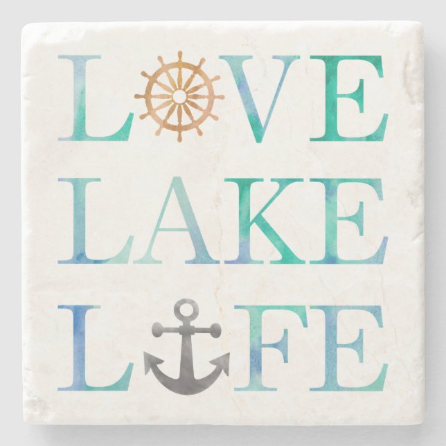 Nautical Love Lake Life Anchor Wheel Typography Stone Coaster (Front)