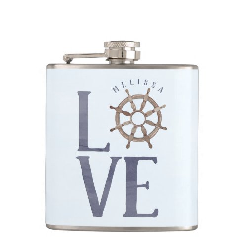 Nautical Love Watercolor Typography Ships Wheel Flask