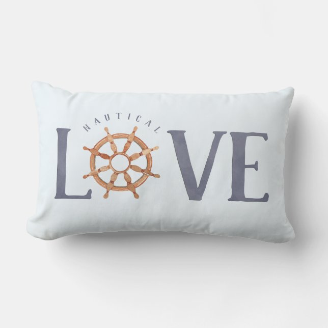 Nautical LOVE Watercolor Typography + Ship's Wheel Lumbar Pillow (Front)