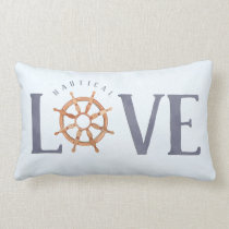 Nautical LOVE Watercolor Typography + Ship's Wheel Lumbar Pillow