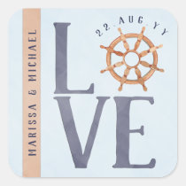 Nautical Love Watercolor Typography + Ship's Wheel Square Sticker