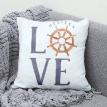 Nautical Love Watercolor Typography + Ship's Wheel Throw Pillow