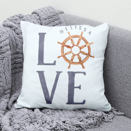 Nautical Love Watercolor Typography  Ships Wheel Throw Pillow