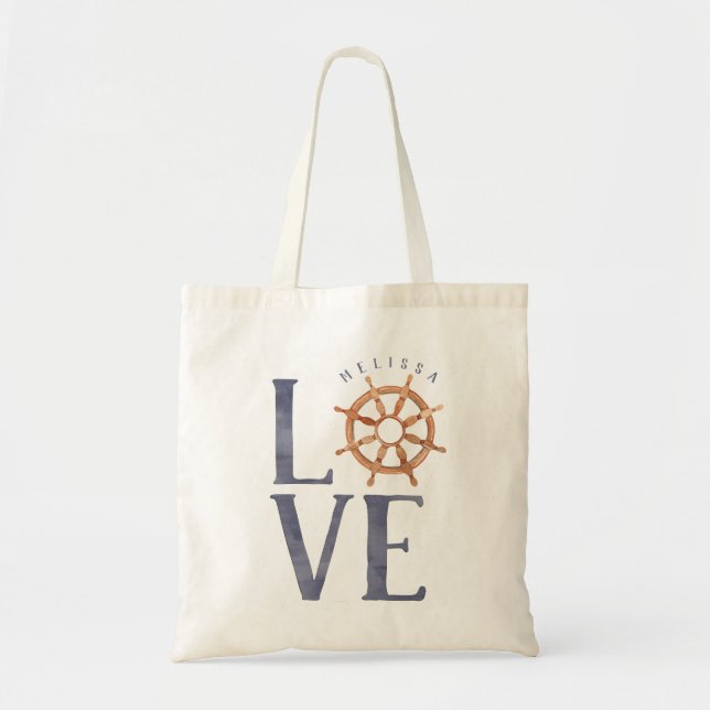 Nautical Love Watercolor Typography + Ship's Wheel Tote Bag (Front)