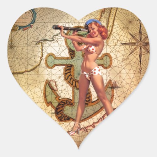 Nautical Map Beach bikini Pin Up Girl Sailor Heart Sticker