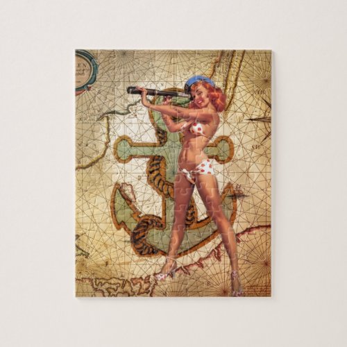 Nautical Map Beach bikini Pin Up Girl Sailor Jigsaw Puzzle