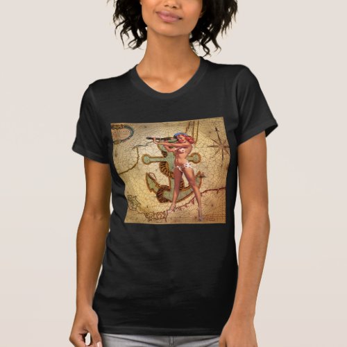 Nautical Map Beach bikini Pin Up Girl Sailor T_Shirt