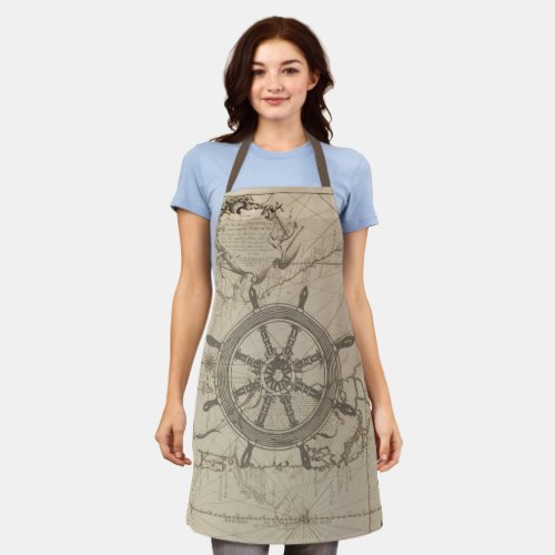 Nautical map with ships wheel apron