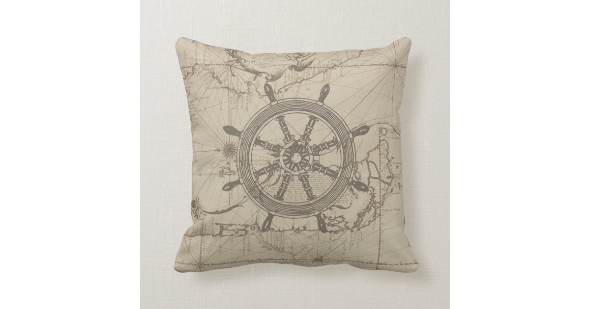 Nautical Throw Pillow Nautical Collection Ships Wheel on Blue Background Boating 16x16 Multicolor 