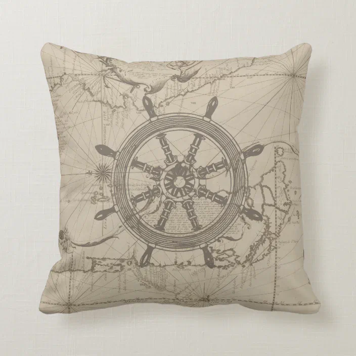 Boating Multicolor Nautical Collection Ships Wheel on Blue Background Nautical Throw Pillow 16x16 
