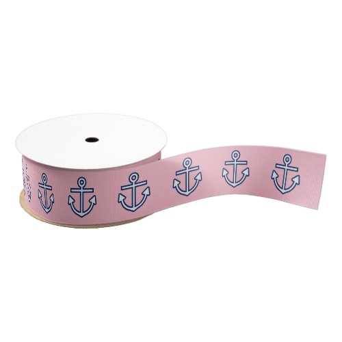 Nautical Marine Anchor Navy Blue White Pattern Grosgrain Ribbon