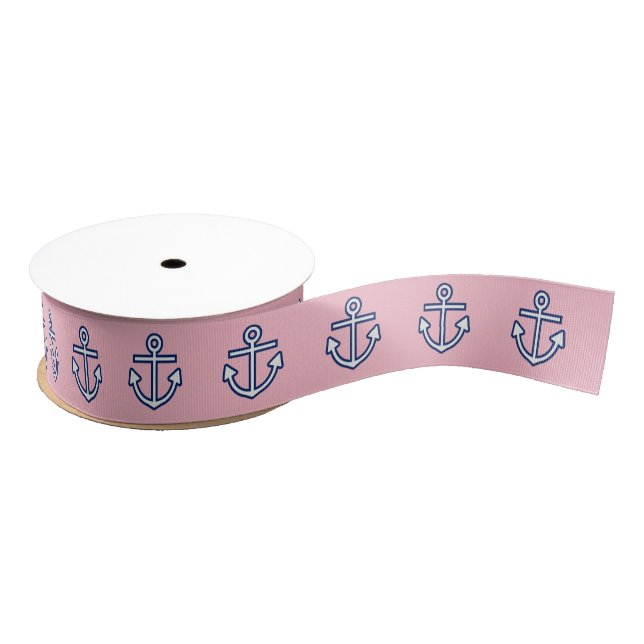 Nautical Marine Anchor Navy Blue White Pattern Grosgrain Ribbon (Spool)